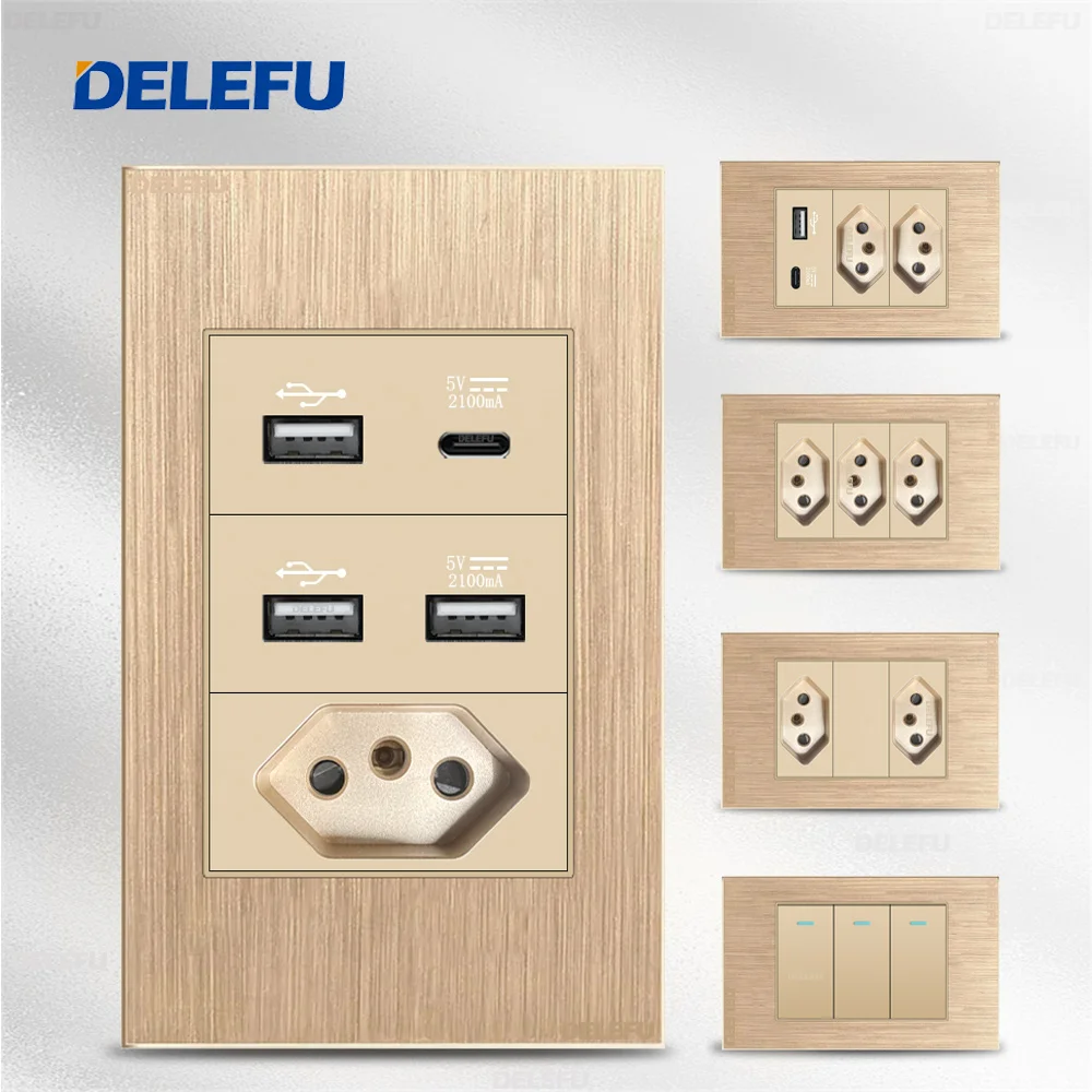 DELEFU Golden Aluminum Brushed Panel 4*2 Swiss, Brazilian Standard 10A 20A Wall Socket, Type-C Charging wall Socket