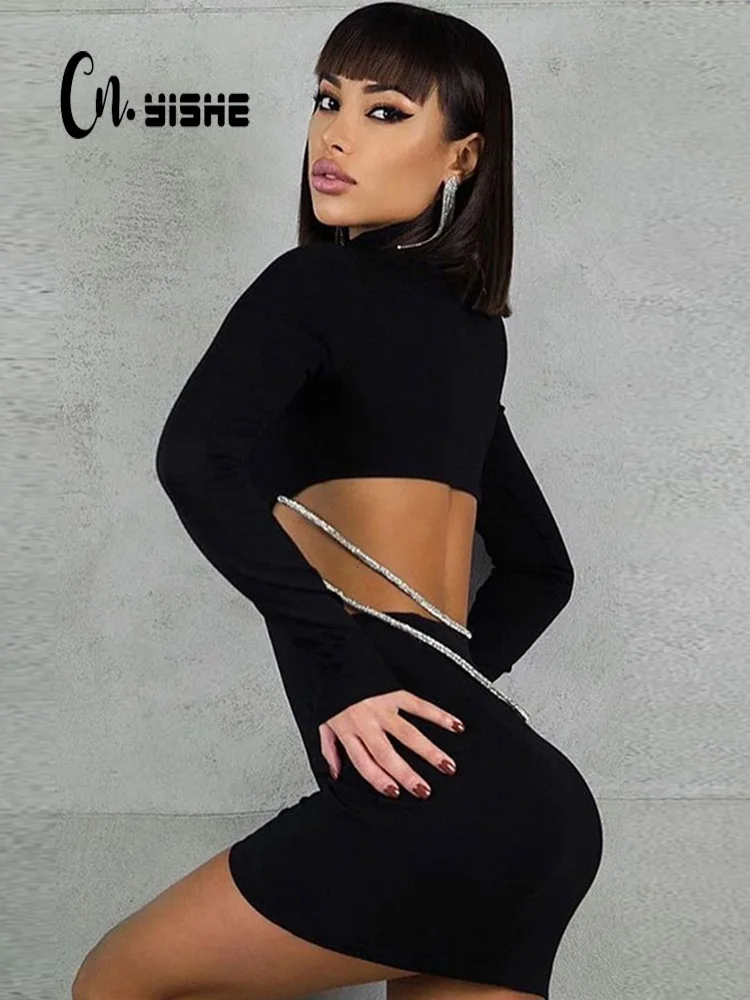 

CNYISHE Backless Party Bodycon Dress Women Turtleneck Long Sleeve Regualr Black Sexy Mini Dresses Female Robe Streetwear Outfits