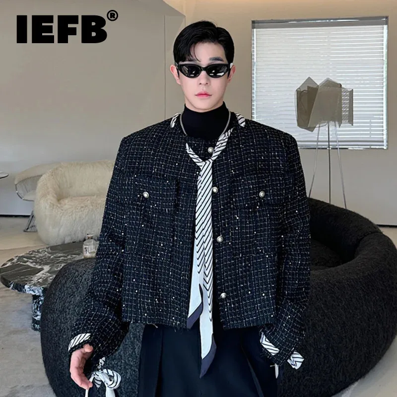 IEFB Niche Design Men\'s Jackets Plaid Chic Button Round Collar Silk Ribbon Single Brested Male Coats New Autumn Stylish 9C7402