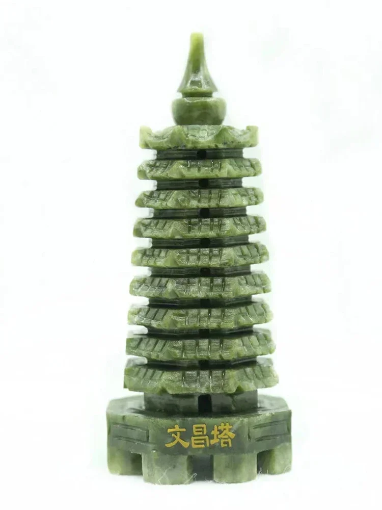 Wenchang Pagoda jade carving ornament 9 layers 14cm cyan jade, topaz -Home living room bedroom office decoration ornaments