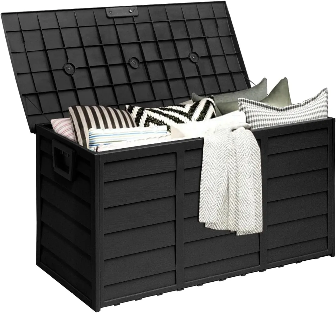 

75 Gallon Deck Storage Box Resin Outdoor Storage Container with Handles for Patio Garden Yard, Black, Black
