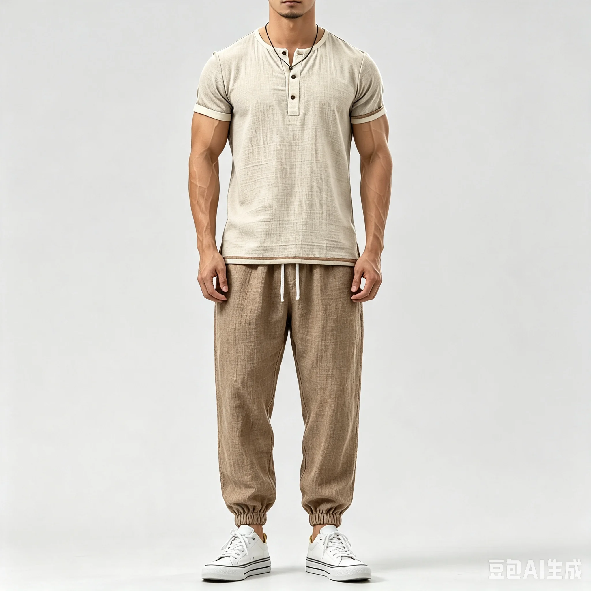 Herren 2-teiliges Freizeitset, einfarbig, Kurzarmhemd mit Knöpfen und lange Hose, Sommer-Outfit, Streetwear-Trainingsanzug – Detail 5