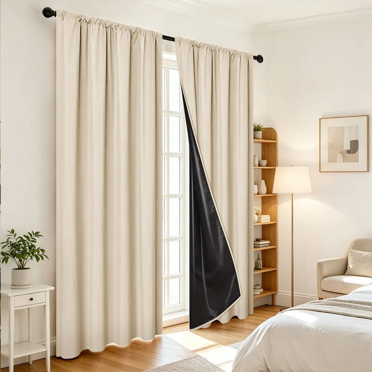 Off White Rod Pocket Blackout Curtains, Black Liner Thermal Drapes for Cream Neutral Minimalist Bedroom Decor