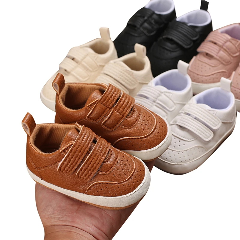 EWODOS Toddler PU Sneakers Infant Baby Boy Girl Prewalkers Non Slip Rubber Sole Crib Trainers Brown First Walking Shoes Sneakers