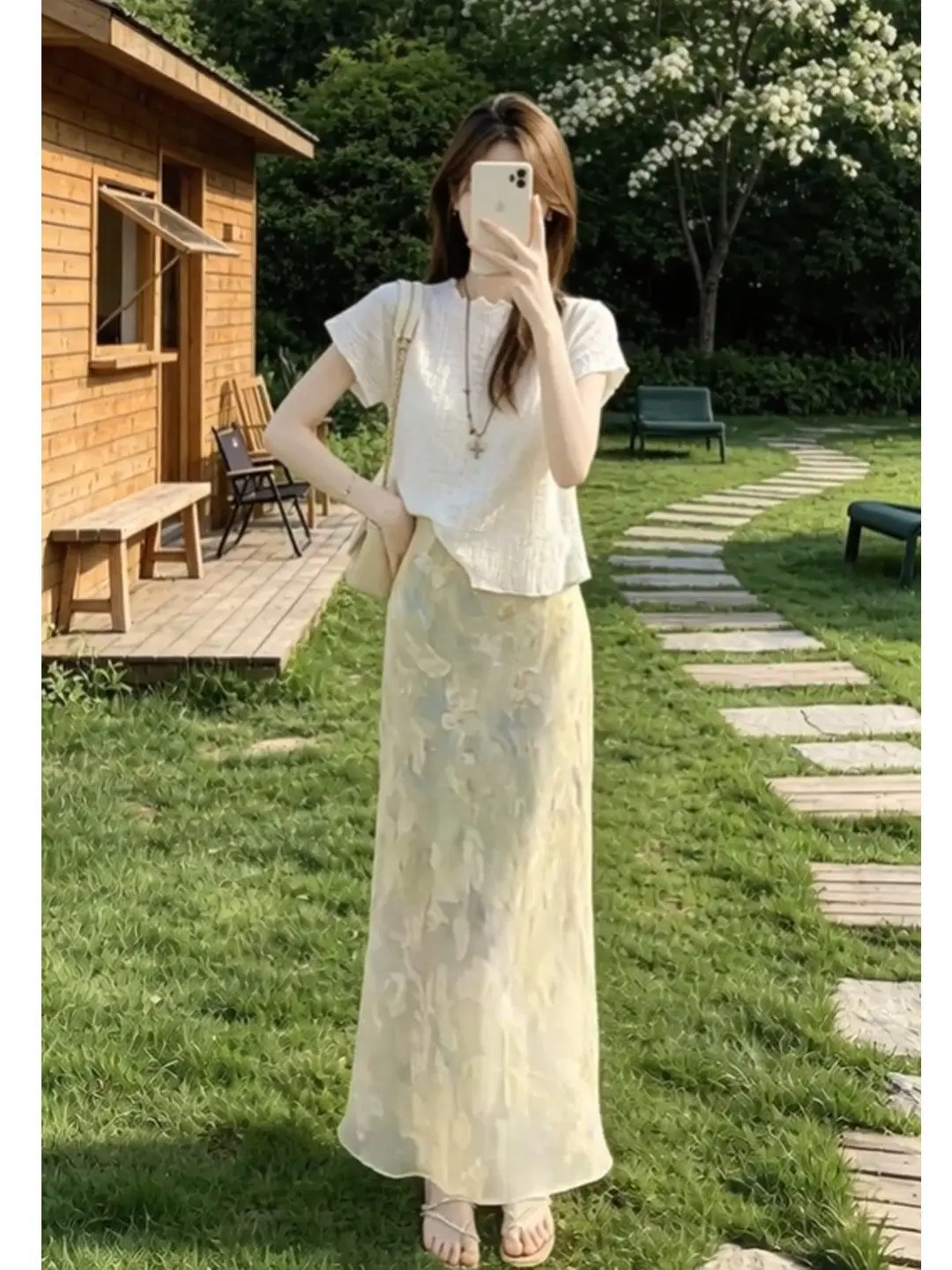 Beautiful Texture Short Sleeve A-Line Fish Tail Skirt Two-Piece Set High Waist Versatile  Style Casual Wear for Women