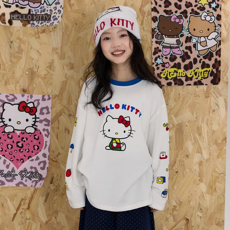 

Cream Boys and Girls 2025 New Spring and Autumn Hello Kitty Print Long-sleeved Quick-drying Sweet and Cute T-shirt