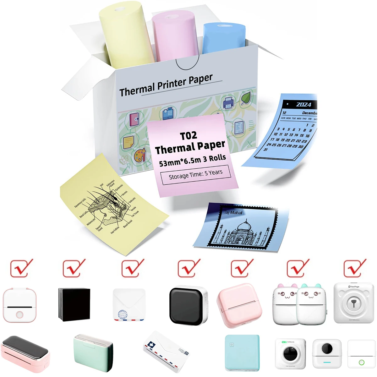 Papel térmico color T02, compatible con mini impresora T02/M02X/M02L, negro sobre blanco, 53 mm x 3,5 m, 3 rollos