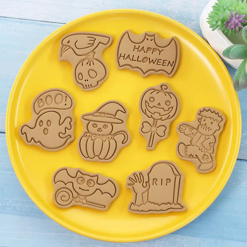 Halloween Cookie Stamp Cutters 8Pcs Ghost Zombie Tombstone Pumpkin Bat Biscuit Mold Fondant DIY Baking Supplies for Halloween view 2