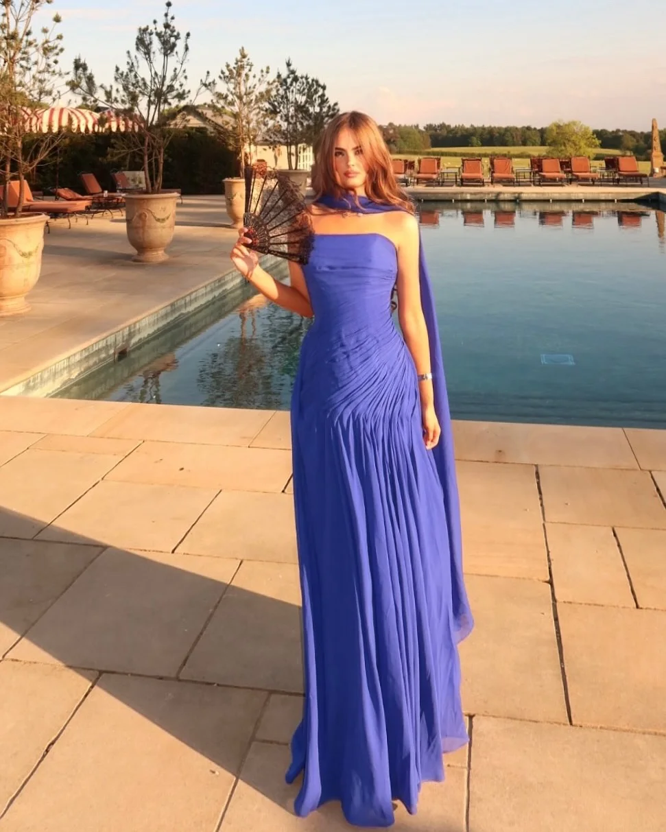 

Meetlove Customized Strapless Prom Dresses Floor-Length Stain Zipper Up Blue Wedding Party Women Full Sleeves Grace
