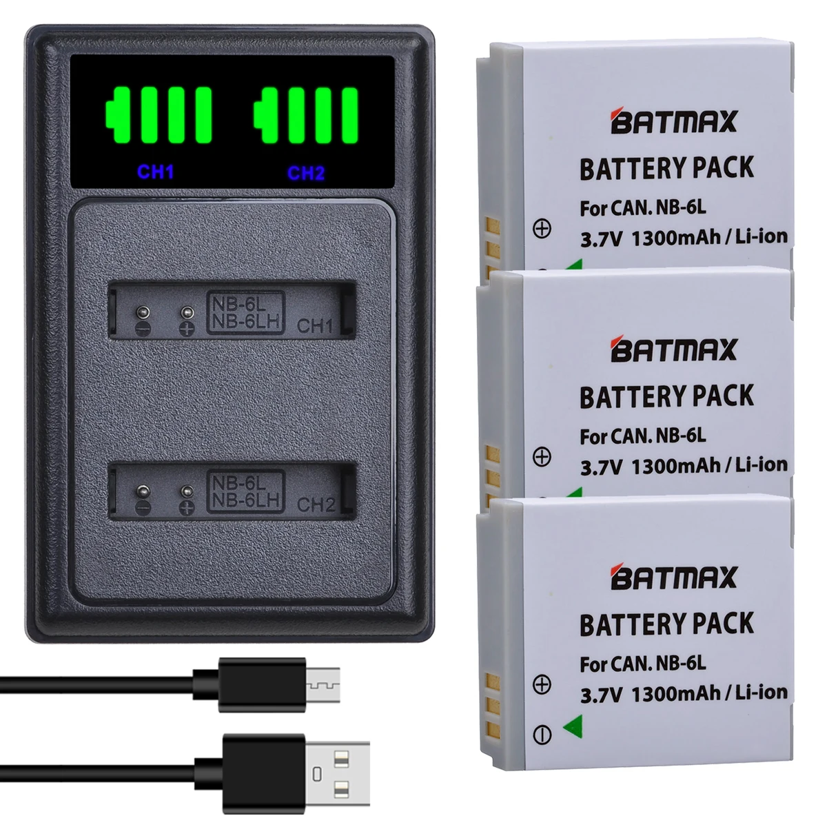 Batmax 3pcs NB-6L NB 6L NB6L Battery +LED Dual Charger with Type C Port for CANON PowerShot SX240 SX260 HS IXY110 SD980 Camera