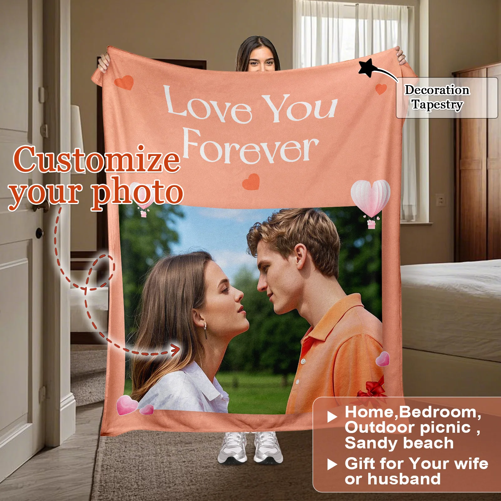 

Customized Photo Orange Love Blanket Suit 1st Anniversary Valentine's Day Surprise Gift for Girlfriend and Wives Wool Blanket