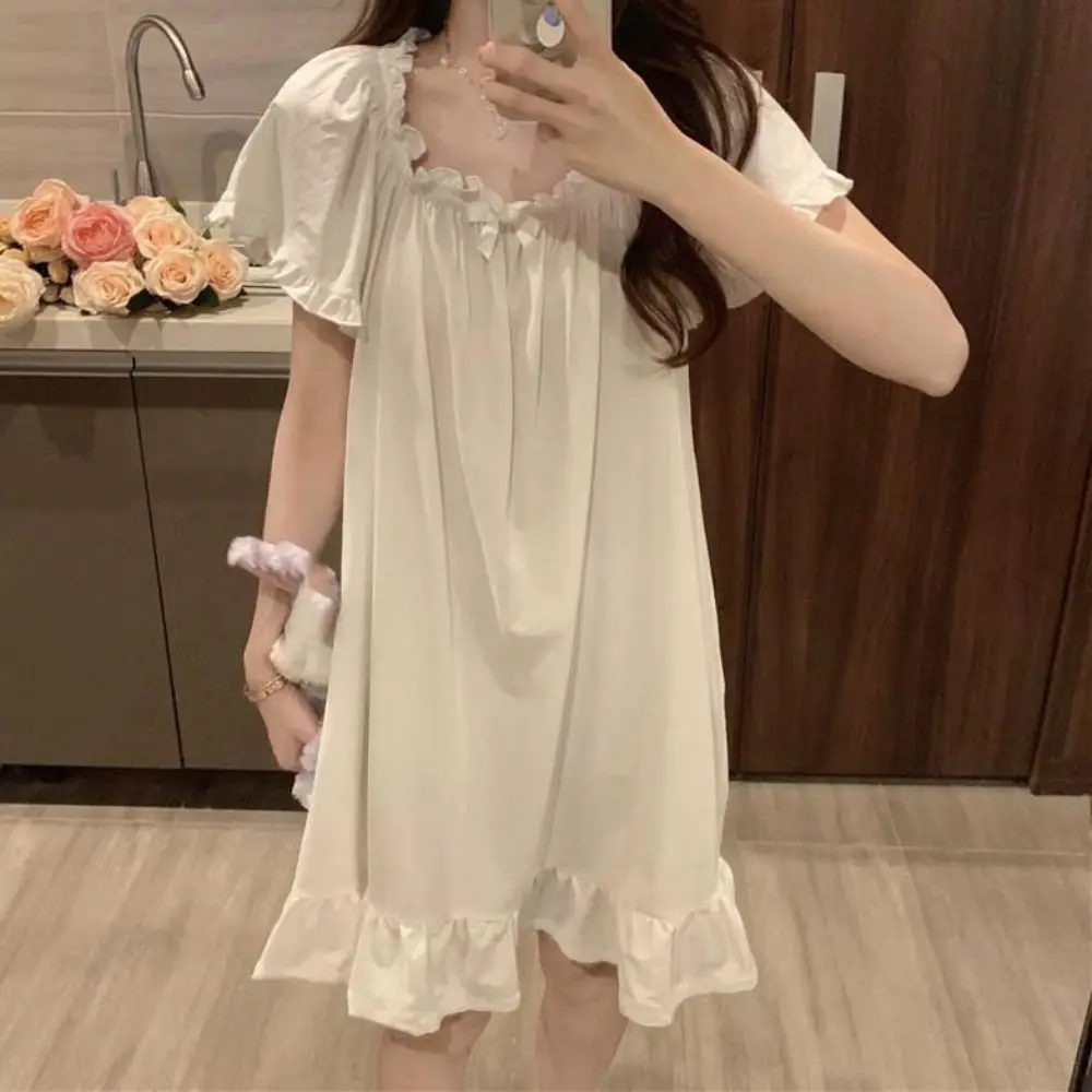 

Fashion Bowknot Women's Pajama Dress Loose Home Wear Ruffle Nightdress Sleepwear Short Sleeve Princess Nightgown Female