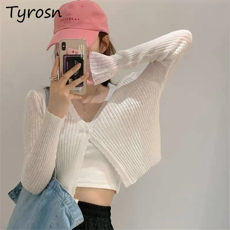 Cardigan Women V-neck Single Button Solid Design Summer Sun Protection Thin Knitted Sweaters Fashion Korean Tender All-match