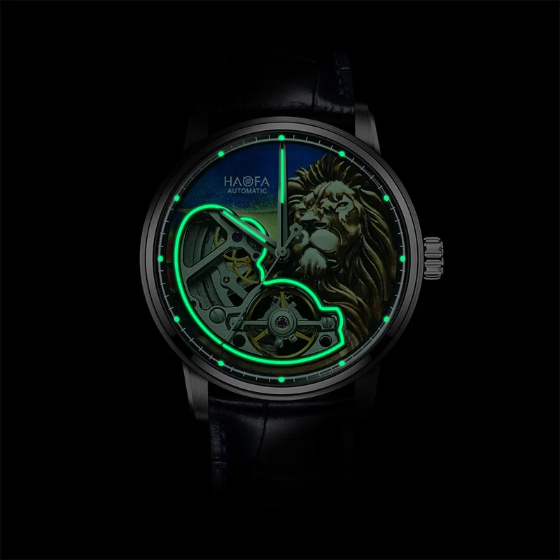 Haofa Skeleton Automatic Mechanical Watch for Men 3D Lion Sapphire Luminous Waterproof First-grain Calfskin Strap Men Watch 2265