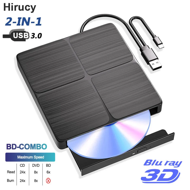 Unidad de DVD Bluray externa USB 3,0, reproductor portátil 3D BD-Combo, grabadora de CD y DVD para ordenador portátil, PC, Notebook, Windows 11