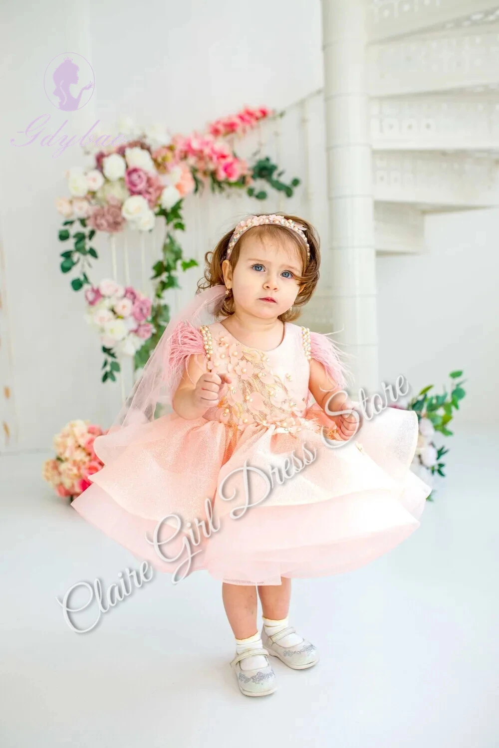 Pink Applique Flower Girl Dress For Wedding Baby Knee Length Puffy With Bow Pageant Birthday Party First Communion Ball Gowns