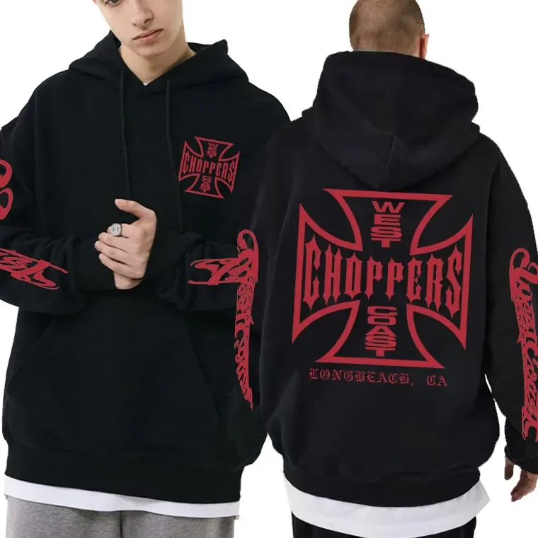 West Coast Choppers Cross Frame Double Sided Print Hoodie 90s Streetwear Male Vintage Hoodies Men's Hip Hop Oversized Sweatshirt