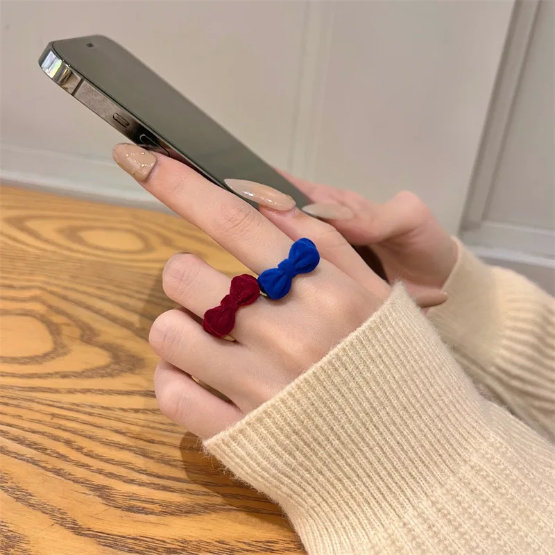 Flocking Velvet Bowknot Finger Ring For Women Vintage Blue/Wine Red/Black Color Open Adjustable Handmade Rings Party Jewelry