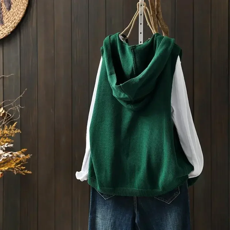 Hooded Knitted Vest Women's New Literary Loose Casual Double Pockets Sleeveless Outer Wear Vest Sweater Vest Women
