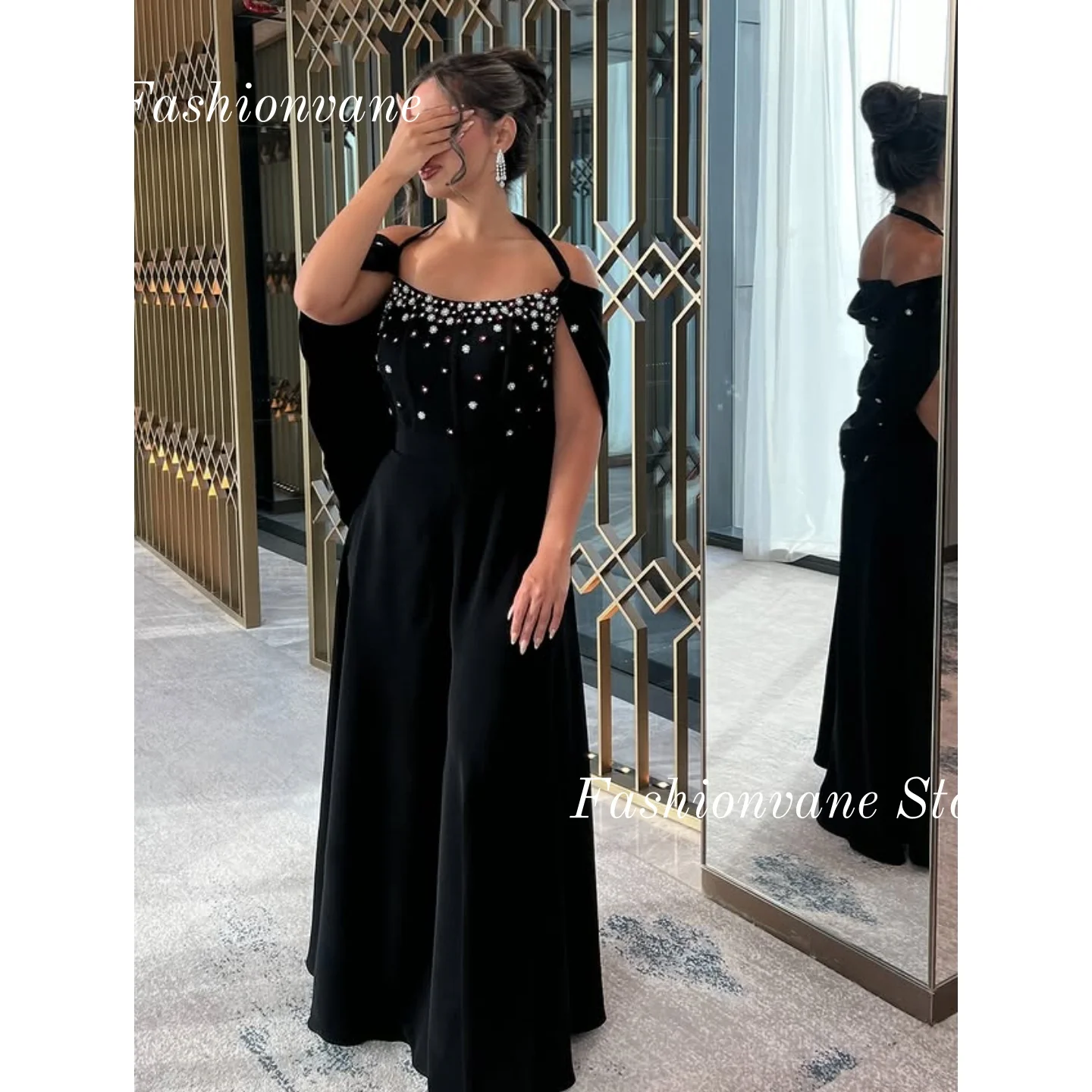 

Black Prom Dress Women Beaded Saudi Arabia Evening Gown Floor Length Sexy O Neck Party Special Occasion Gowns Customized