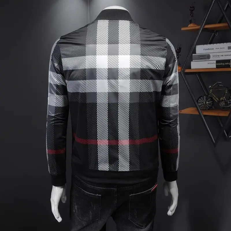 2024 men\'s trendy brand plaid printing long-sleeved jacket spring and autumn casual fashion slim-fit stand-up collar top jacket