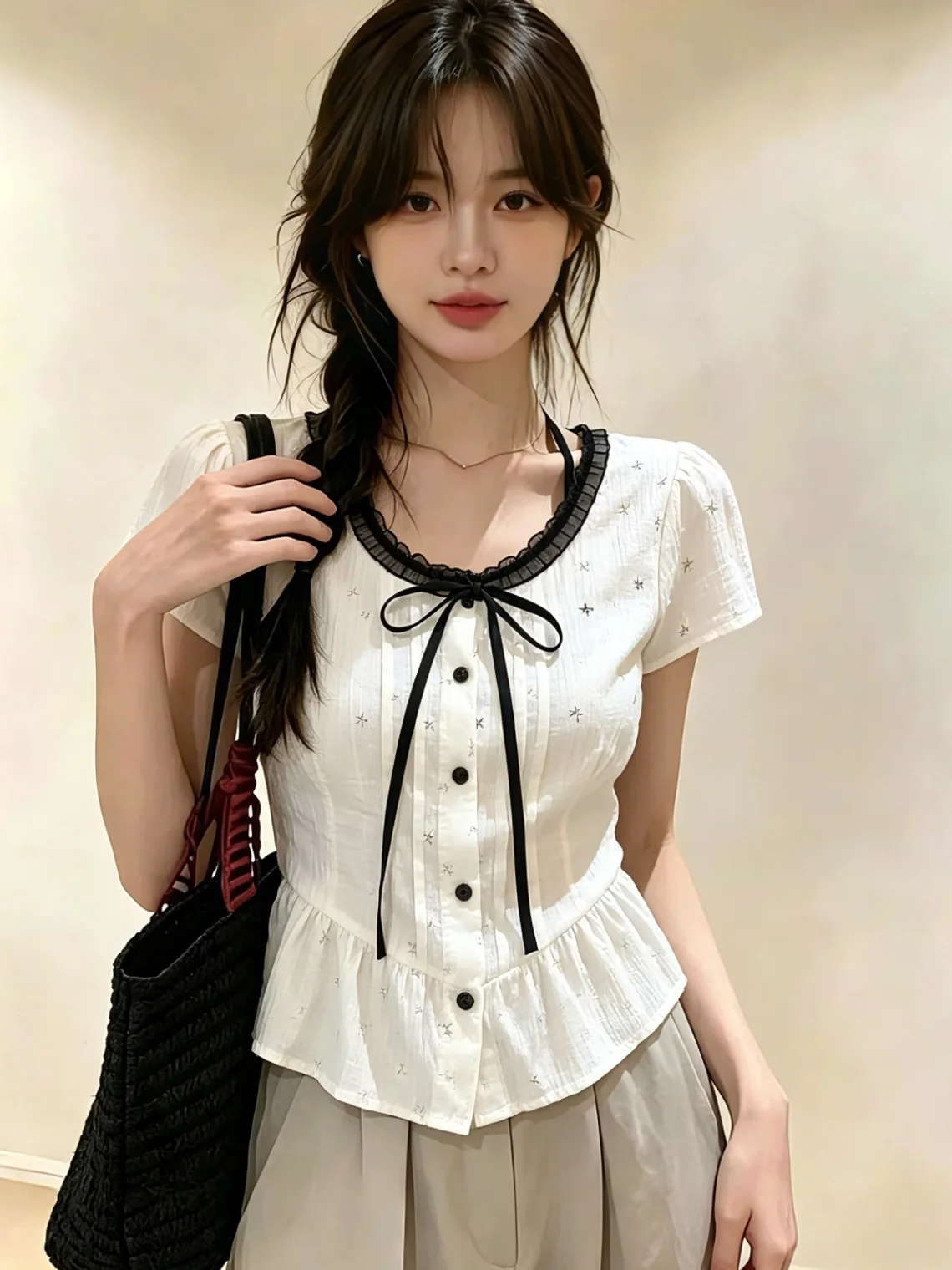 

Sweet Style Short Sleeve Shirt Women's Summer New Gentle Age-Defying Self-Purchase Recommended Wooden Bordered Top