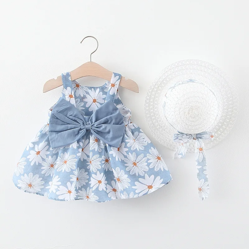 Baby Girls Sleeveless Dresses with Cap 2-pieces Summer Cute Bow Kids Clothing for 1 2 4Years Girl Flower Floral Princess Dresses