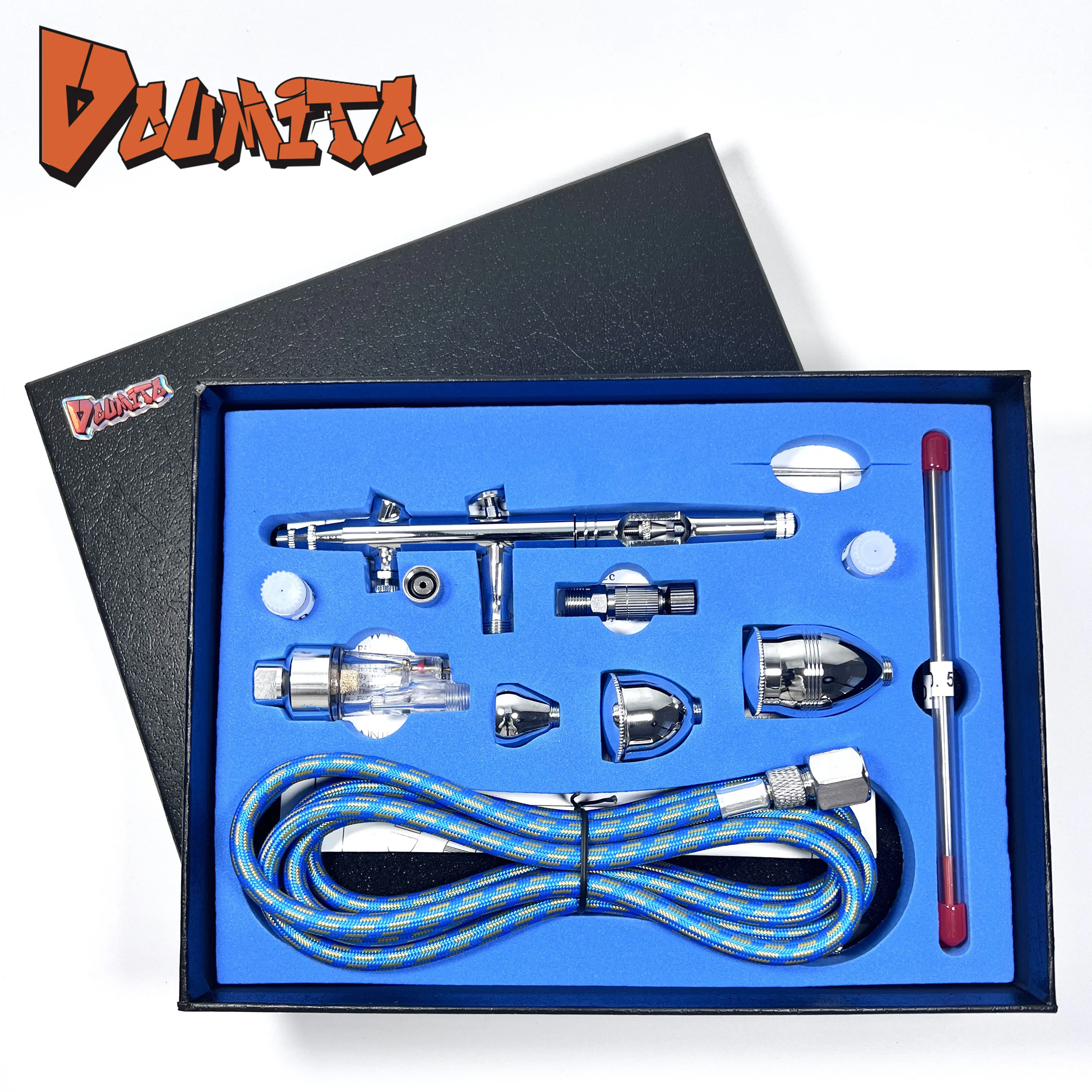 

Doumito Airbrush Kit Professional Double Action 0.2mm Air Brush Gun with Extra 0.3 0.5mm Fluid Tips Needles Nozzles Caps Spray