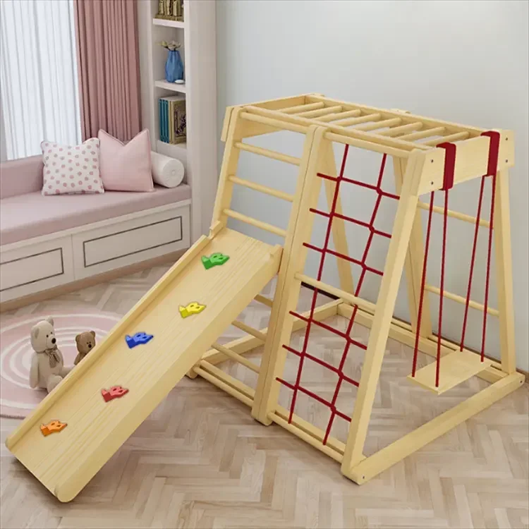 

Детская рама для скалолазания из массива натурального дерева 8 в 1, игровой набор, мягкая рампа, качели, горка, игровая площадка