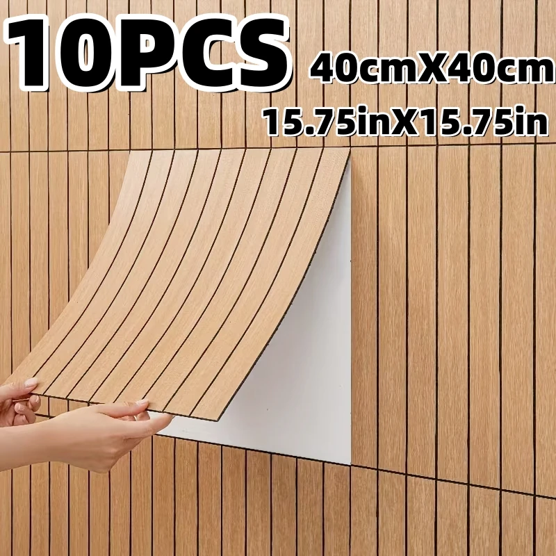 10pcs 15.75X15.75inch Peel & Stick Wood Grain Wallpaper Self-Adhesive Grid Panels - Removable Feature Walls & Home Decor