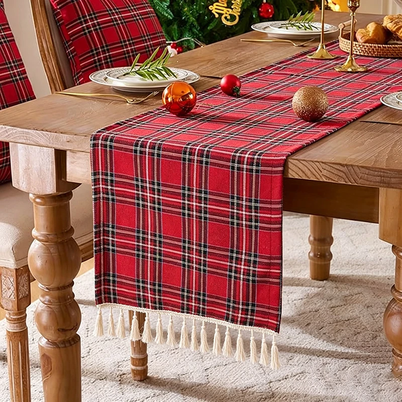 Buffalo Plaid Table Runner with Tassel Single-layer Washable Table Cover for Farmhouse Dining Kitchen Christmas Party Decoration