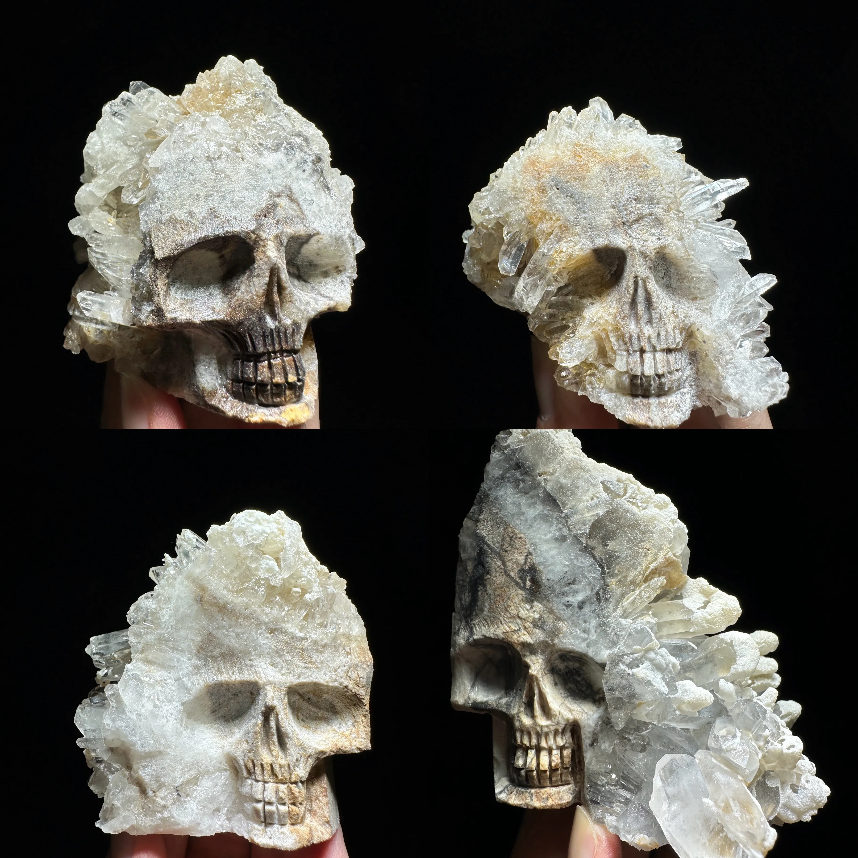 Natural Stone Skull Carving Crystal Clear Quartz Cluster Polished Rock Alien Mineral Specimen Healing Reiki
