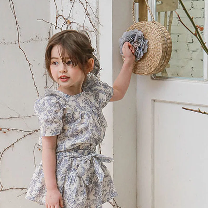 2025Summer Strawberry Shan Girls' Thin Cotton Stylish Square Neck Ruffled Floral ShirtTT-shirt in Stock