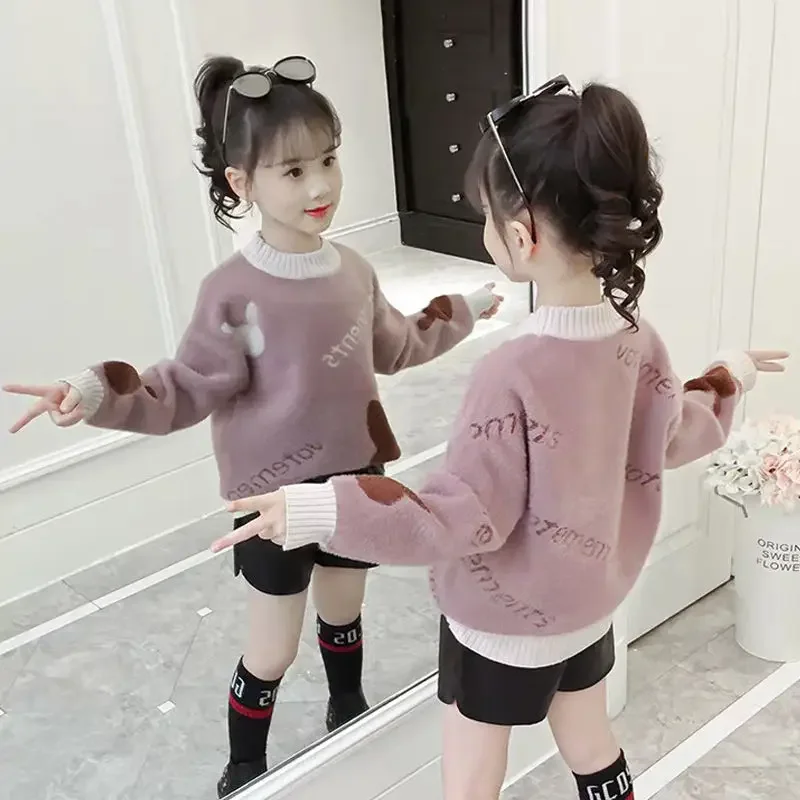 

Girls' Sweater 2022 Autumn and Winter New Medium and Large Children's Korean Thickened Knitwear Girls' Mink Fleece Pullover