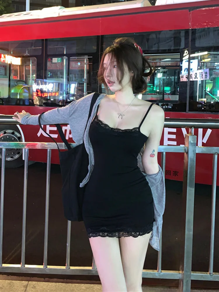 Abito con camicette patchwork in pizzo sexy Abito da donna elegante dolce moda Mini abito moda coreana Slim Harajuku Abiti avvolgenti per tutti i fiammiferi