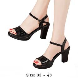 High quality summer leather sandals for women 8cm high heel new 2024 size 32 33 42 43 platform open toe elegant shoe black white