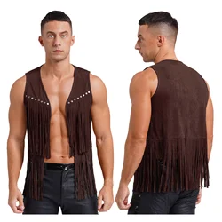 Brown Leather Men Fringe Vest Sleeveless Tassels Vintage Western Cowboy Cardigan Waistcoat Jacket Streetwear Halloween Cosplay