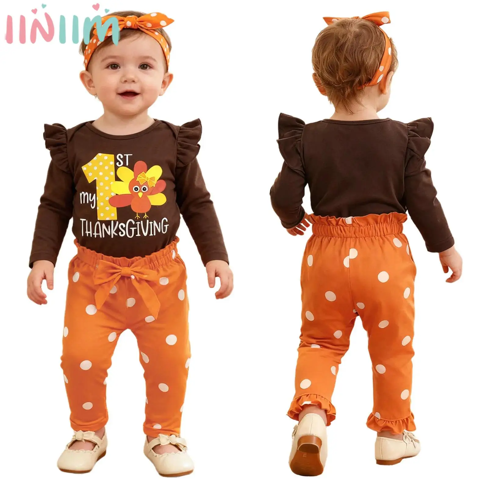 

Наряд на первый день благодарения для маленьких девочек, комбинезон с длинными рукавами и буквенным принтом, штаны с бантом, повязка на голову для дня рождения, повседневной фотографии