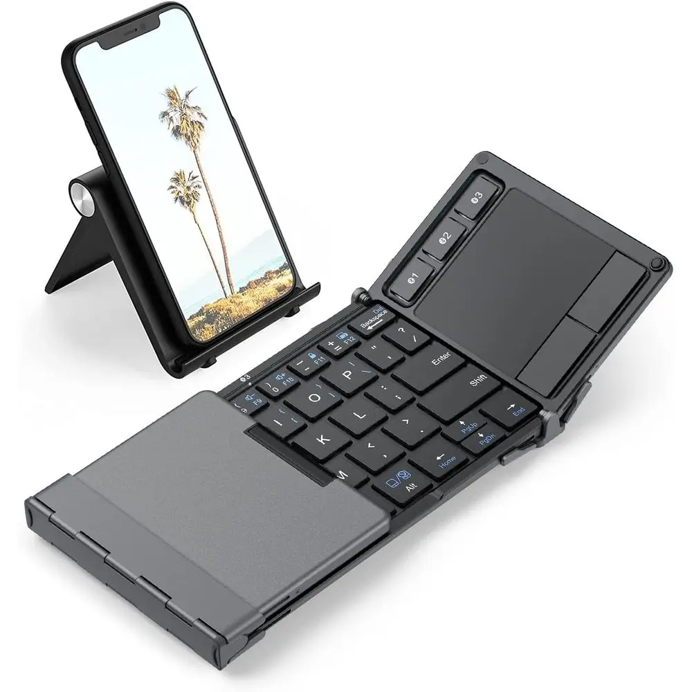 Portable Folding Bluetooth Keyboard with Touchpad, Compatible with iPad, iPhone, Windows, and Android - Switch Between 3 Devices