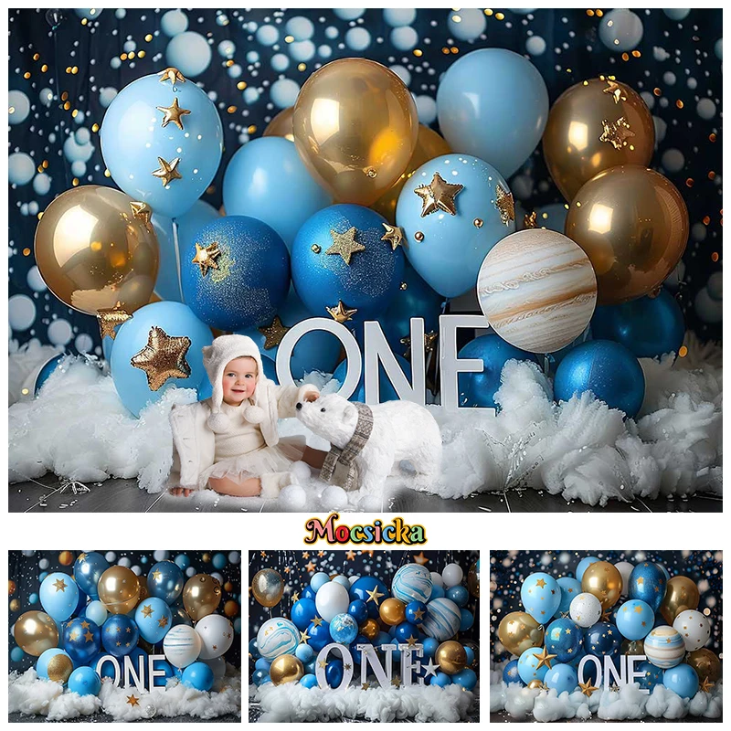 

Baby 1st Birthday Background Bluey Ballon Pentagram One Newborn Girl Portrait Decor Cake Smash Photography Backdrop Photo Studio