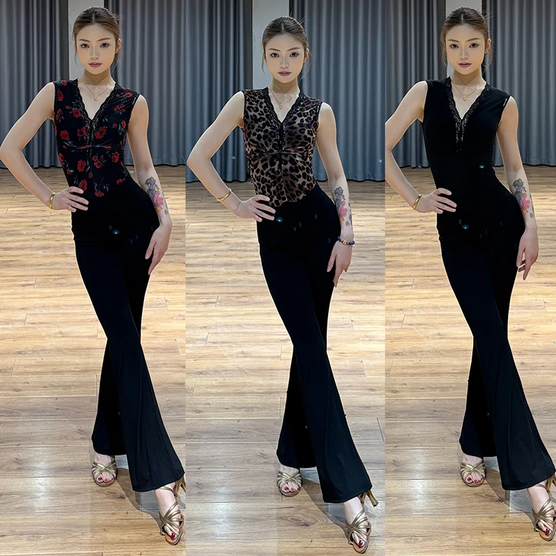 

Latin Ballroom Dance Clothes Lace V Neck Tops Black Latin Trousers Adult Women Rumba Salsa Dance Clothing Practice Wear DNV24728