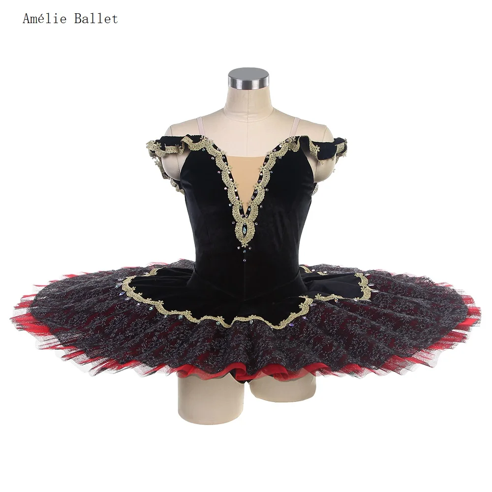 Bll551 corpete de veludo preto com ombro de fora, tutu de balé pré-profissional com acabamento dourado, tutu de balé perforamcne, tule vermelho/verde