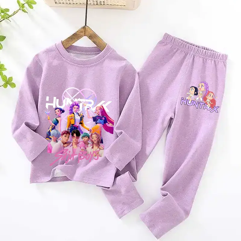 فيلم KPop شيطان الصيادين الطفل منامة بلون دافئ مجموعة فتاة طحن الصوف الخريف طويلة الأكمام ملابس المنزل رومي ثوب النوم