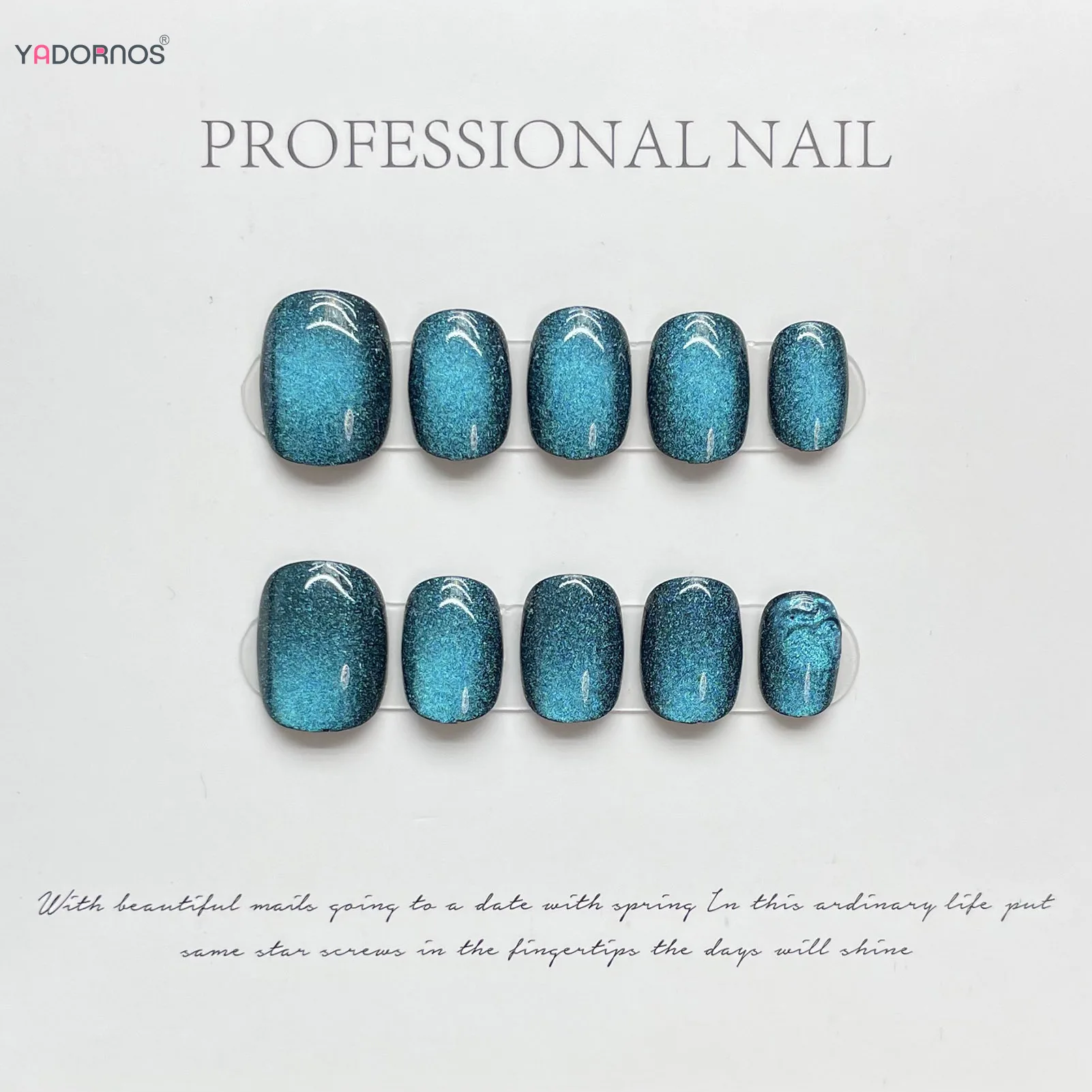 

10Pcs Blue Handmade Press on Nails Glossy Cat's Eyes Fake Nails Short Square False Nails Tips Charms Manicure for Women Girls