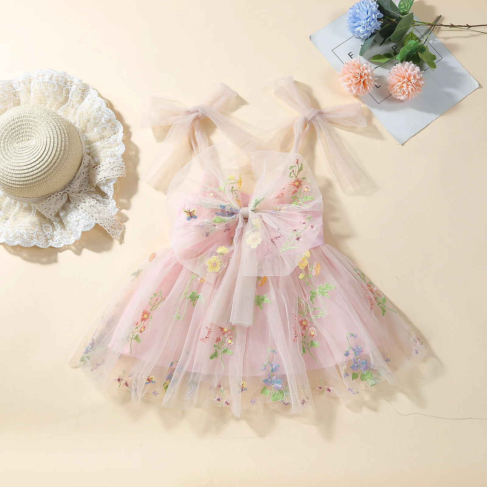 Robe de style princesse à bretelles en maille brodée pour filles, vêtements de bébé, jupe en maille, trois couleurs, printemps et été