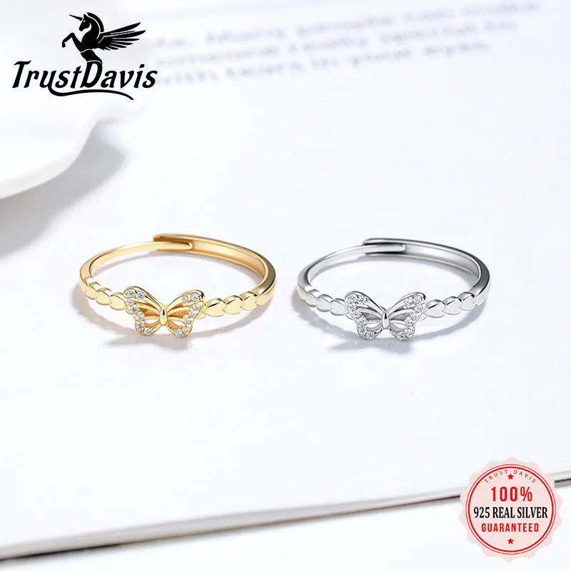 Trustdavis Real 925 Silver Fashion and Luxury Butterfly Zircon Open Ring for Women's Anniversary Date Jewelry Gift DS4886