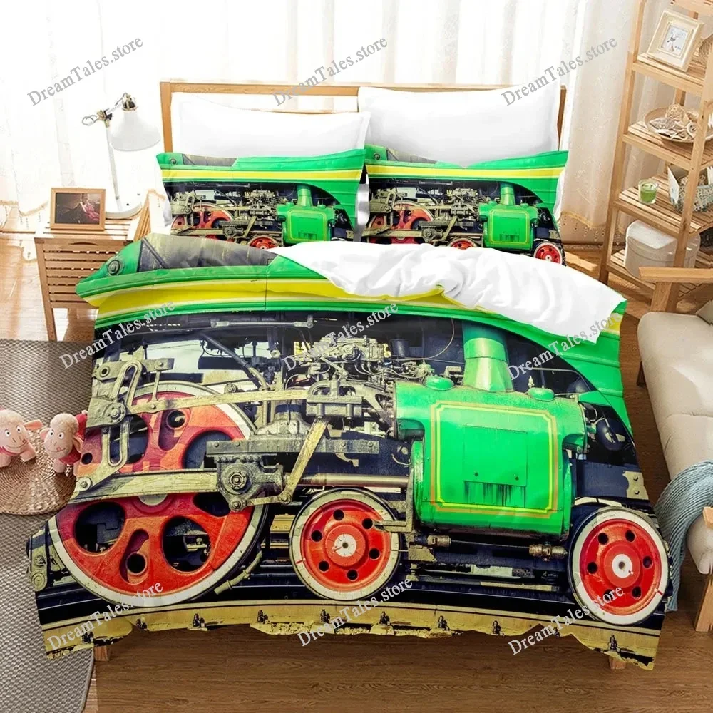 Steam Engine Duvet Cover Set Transportation Old Train King Queen Full Size Polyester Bedding Set for Teen Boys Adult Living Room