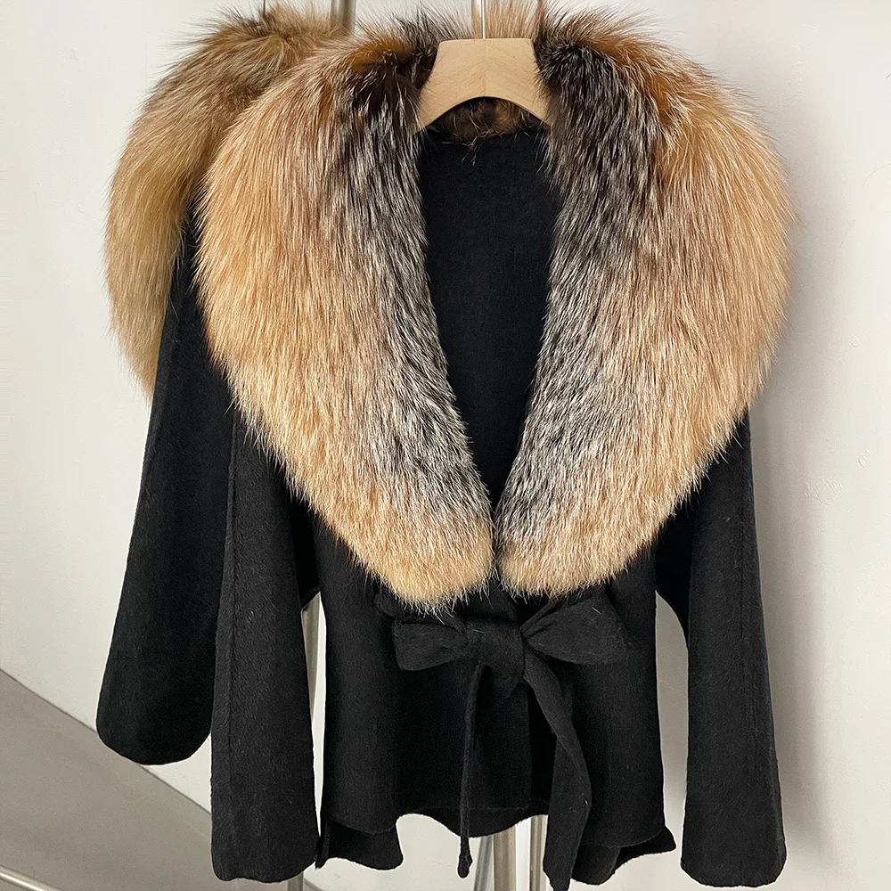 OFTBUY Neue Winterkleidung für Damen, Luxuriöser Kurzer 100% Wollmantel mit Natürlichem Pelzkragen, Warmem Gürtel und Echtem Fuchspelz, Wolljacke für Damen – Detail 20