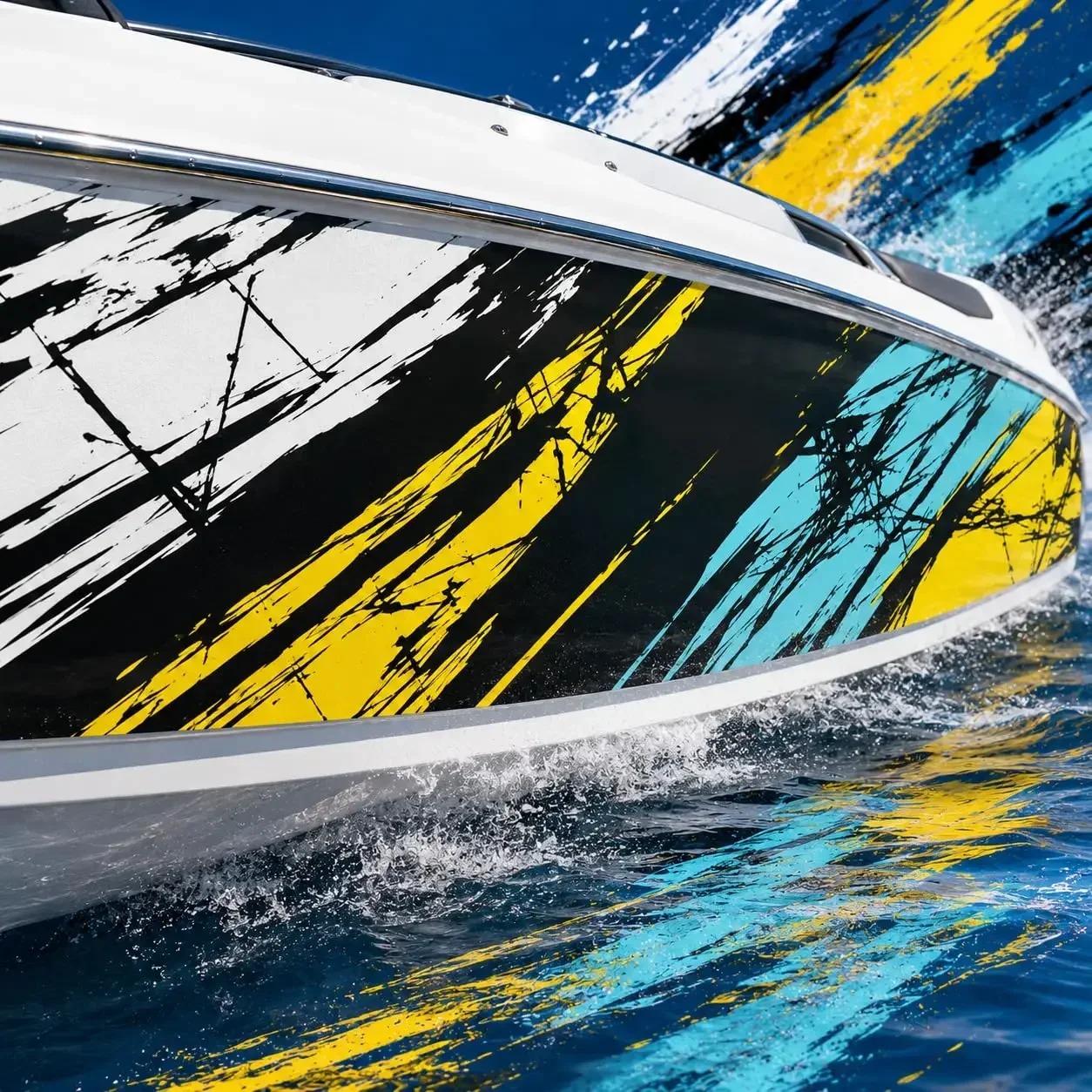 Yellow Cyan and White Abstract Brush Graphic Stickers, 2-Piece Marine Side Wrap for Motorboats