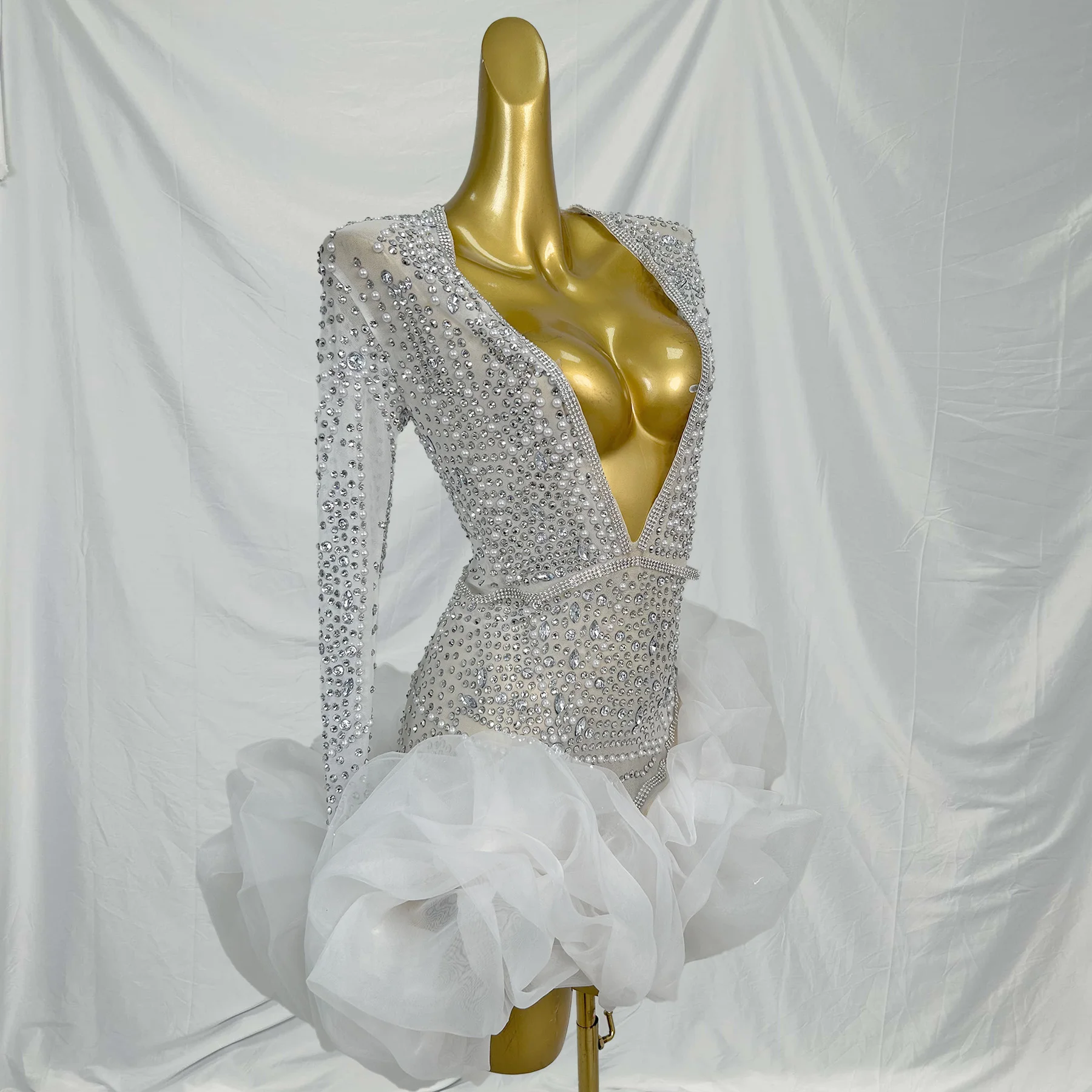 Abito sexy con strass di perle con scollo a V profondo Abito da donna bianco per compleanno, matrimonio, cocktail, mini abito da ballo, club, ballo, festa, ballo, abito a bolle